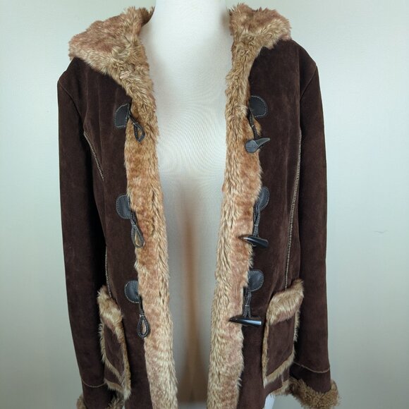 Vintage Y2K Penny Lane Suede Guess Hoodie Hooded Coat w/ Faux Fur Lining L - Picture 7 of 11